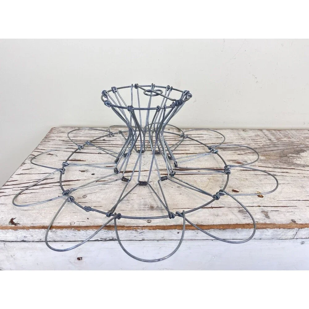 Vintage French Pedestal Folding Wire Egg Basket / Serving Stand Rustic Cottage